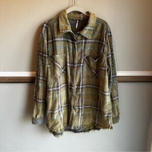 Free People Deconstructed Shirt Jacket Green Plaid Studded Shacket